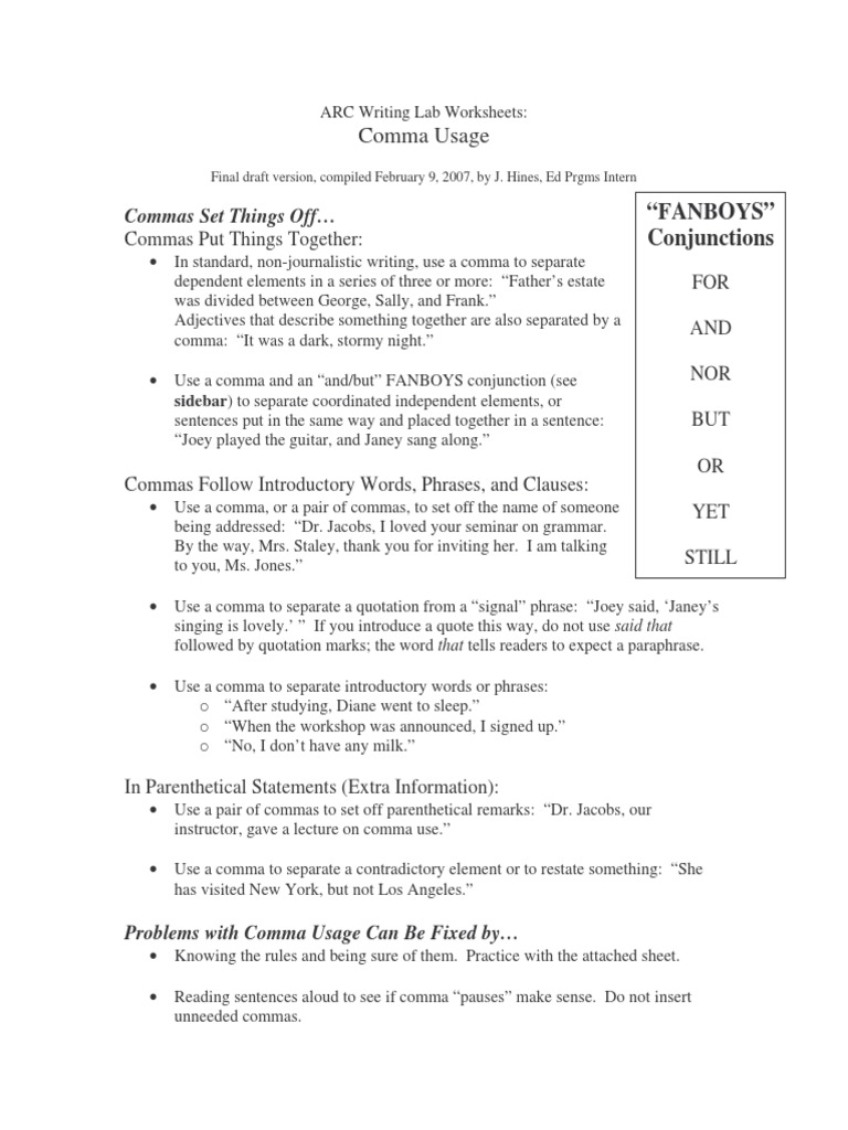 worksheet Comma Usage Worksheet worksheets comma usage worksheet atidentity com free pdf language mechanics