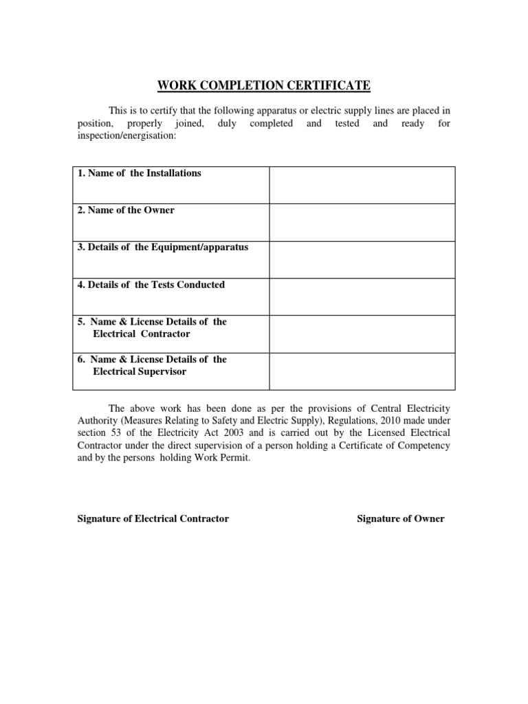 Work Completion Certificate for Electrical Installations | PDF ...