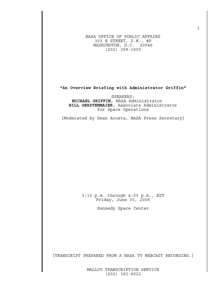 NASA Administrator Griffin Briefing | PDF