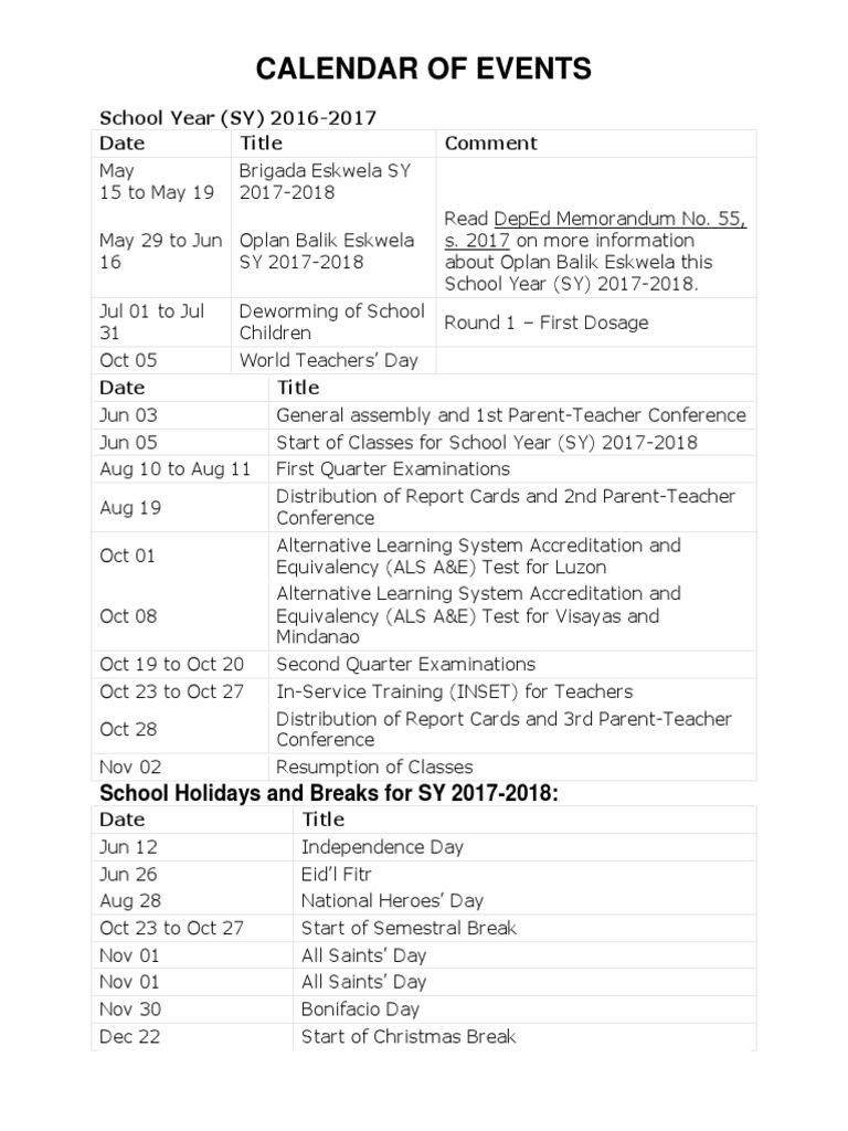 Calendar of Events School Year (SY) 20162017 Date Title Comment PDF