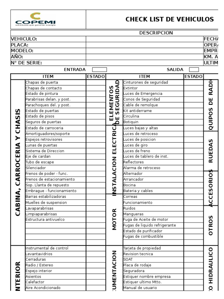 Lista De Verificación De Inspección De Vehículos Usados En Formato Pdf