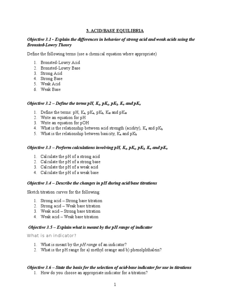 Acid Base Equilibria Worksheet