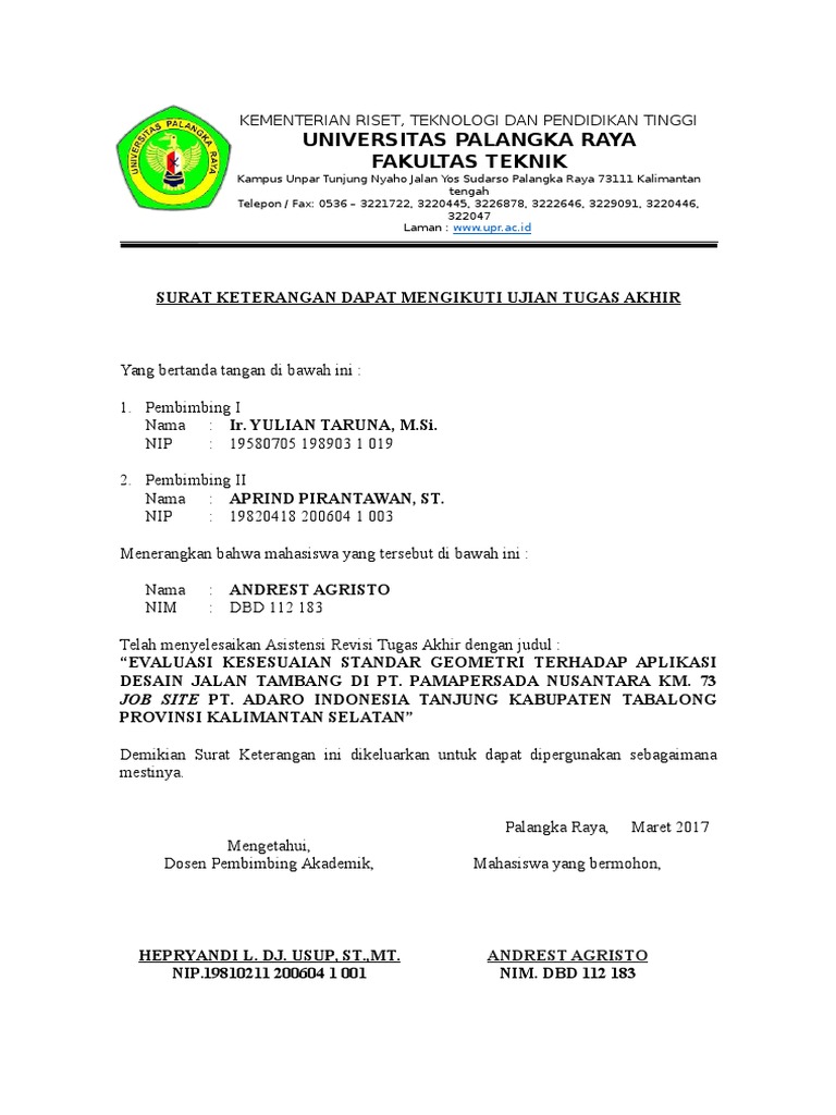 Contoh Surat Keterangan Dapat Mengikuti Ujian Tugas Akhir