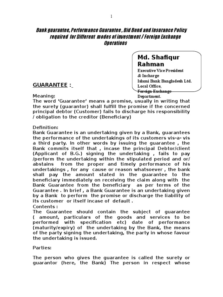 Bank Guarantee, Performance Guarantee , Bid Bond and