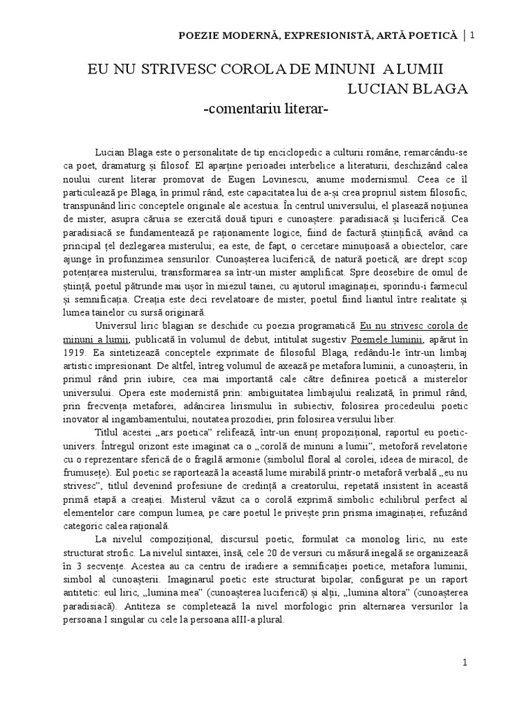 Eu Nu Strivesc Corola de Minuni a Lumii (Comentariu)