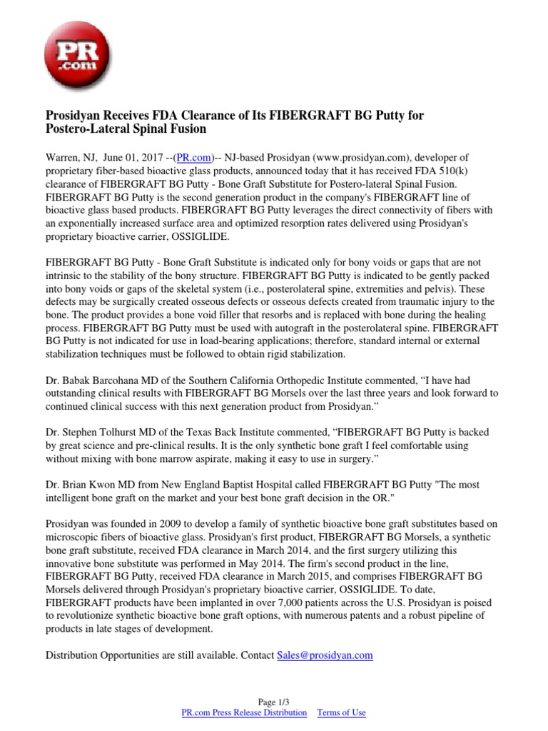 Prosidyan Receives FDA Clearance of Its FIBERGRAFT BG Putty For Postero ...