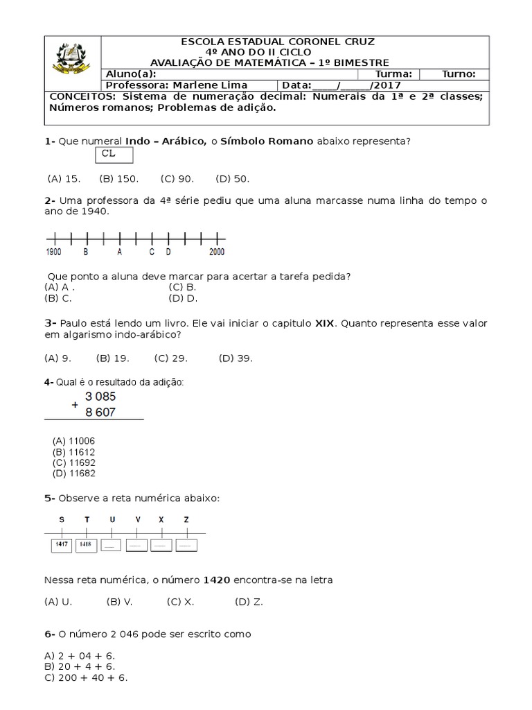 Blog do Prof. Warles: QUIZ 04: MATEMÁTICA 4° Ano