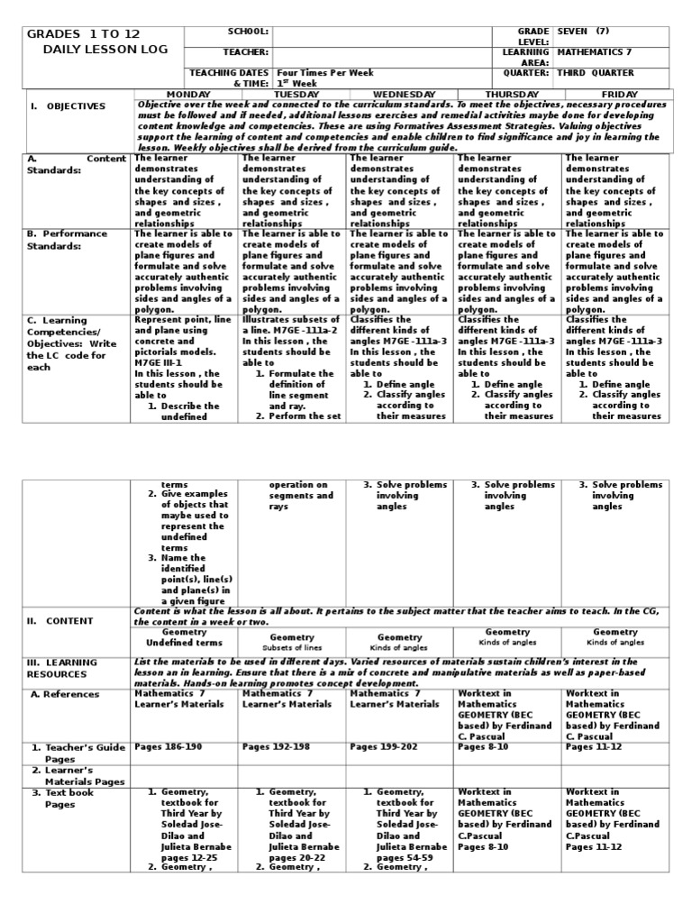 Grade 7 Geometry Lesson Plan | PDF | Line (Geometry) | Angle