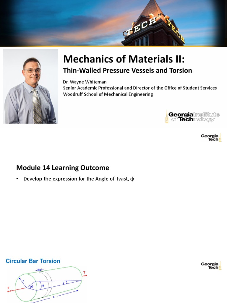 Mechanics of Materials II:: Thin-Walled Pressure Vessels and Torsion | PDF