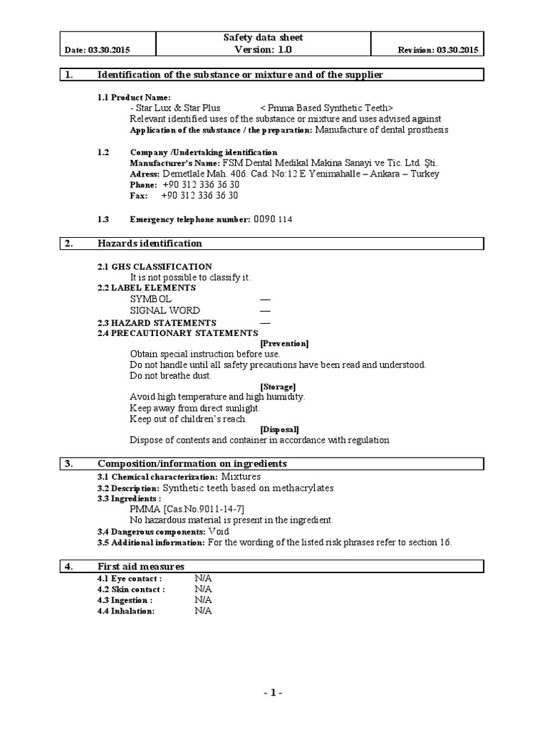 MSDS Based Synthetic Teeth Safety Chemistry