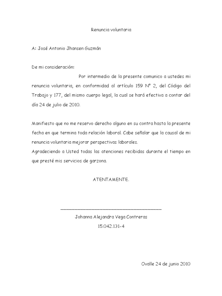 Carta De Renuncia Voluntaria Pdf Gobierno