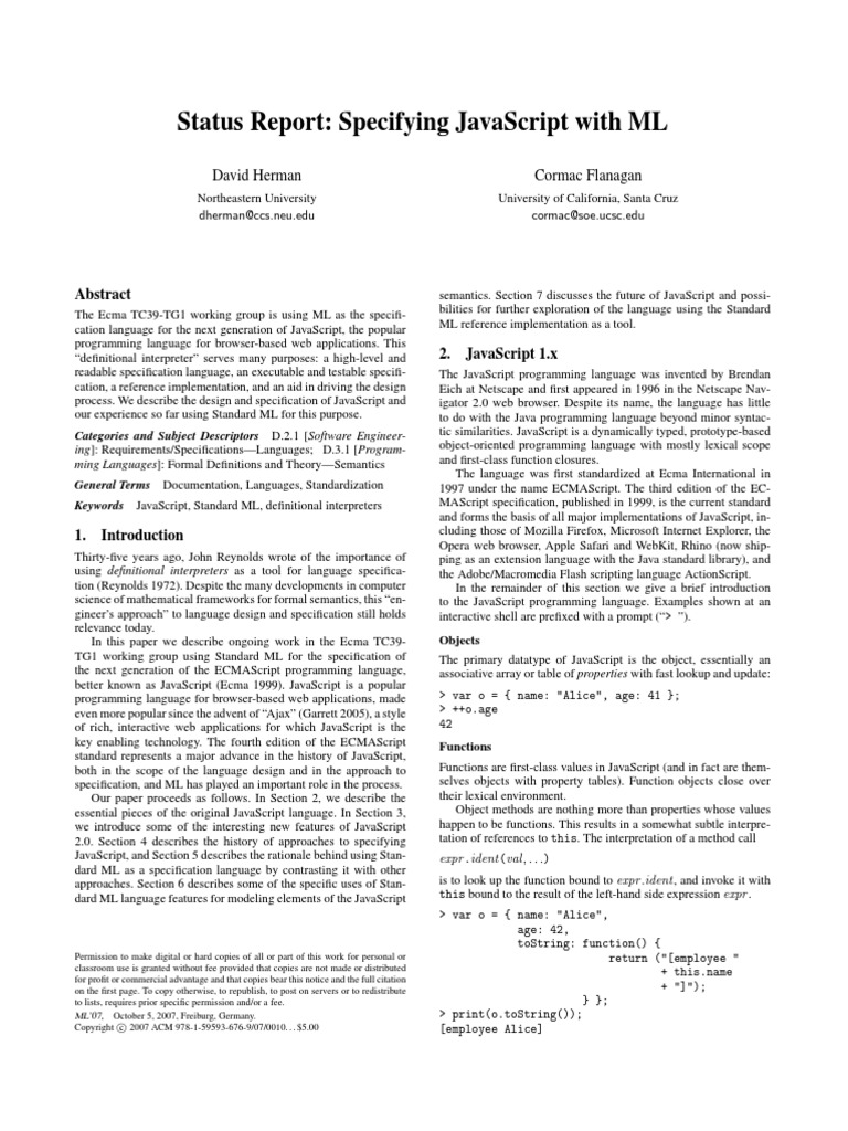 Status Report: Specifying Javascript With ML: David Herman Cormac ...