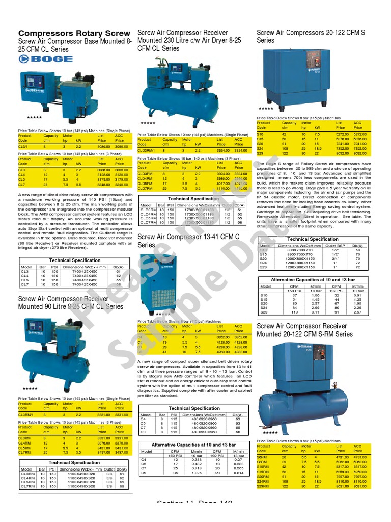 Specification Sheets and Price Lists for Boge Rotary Screw Air