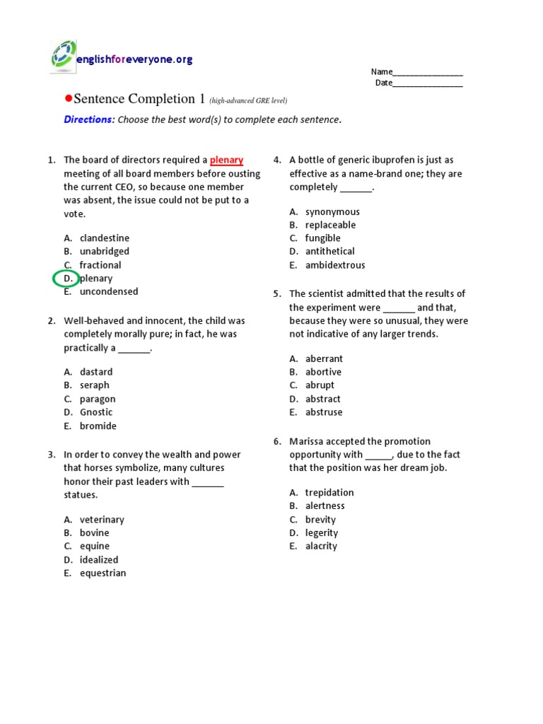 High Advanced Sentence Completion 1 | Sentence (Linguistics)