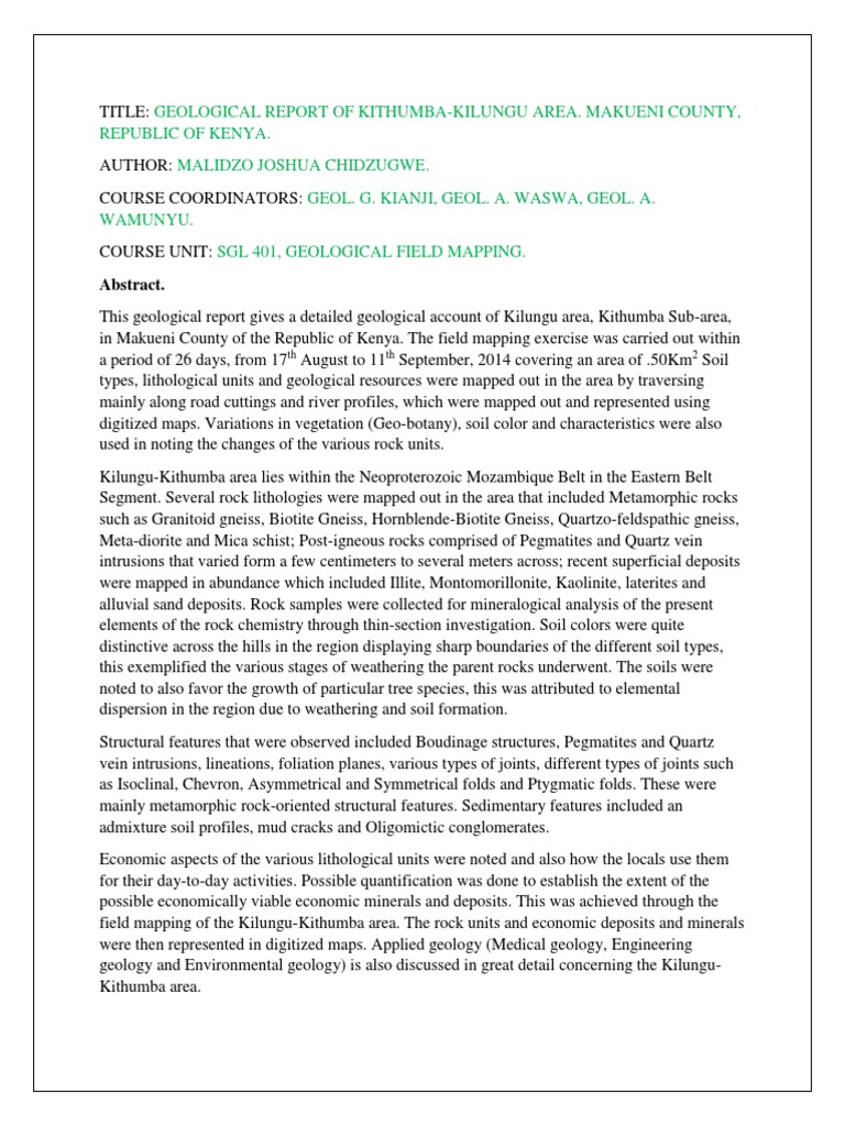 Geological Abstract. Kilungu Geology Rock (Geology)