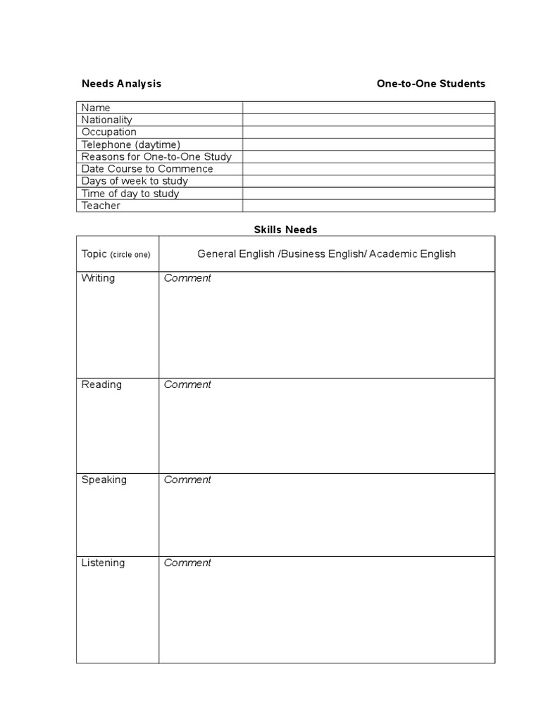 Needs Analysis One To One | PDF