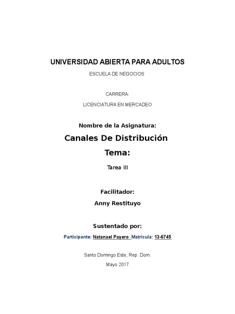 Tarea 3 Distribucion de Canales | PDF | Distribución (comercial ...