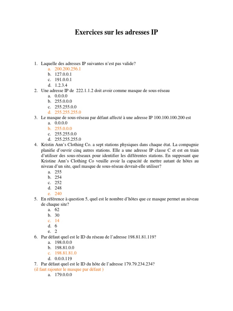 Exercices sur les adresses IP et sous-réseaux | PDF | Adresse IP ...