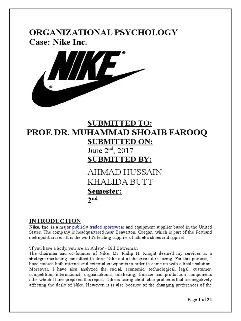 project report on nike brand