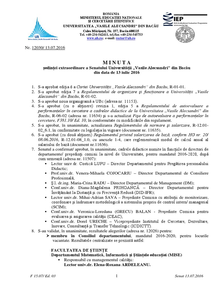 Minuta 2016 Senatul UniversitÄƒÈ›ii Vasile Alecsandri