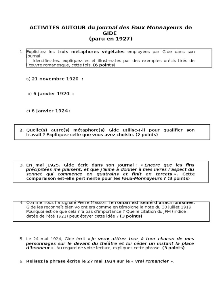 Questions Notees Autour Du Journal Des Faux Monnayeurs De Gide Pdf