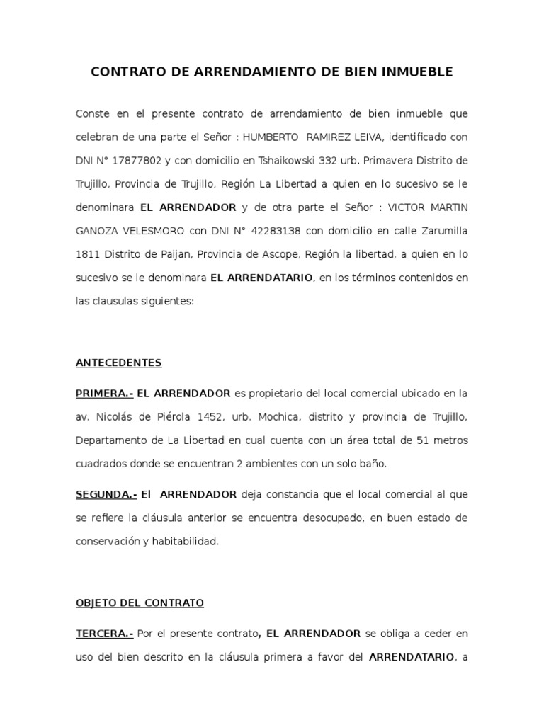 Contrato de Arrendamiento de Bien Inmueble Alquiler Pagos