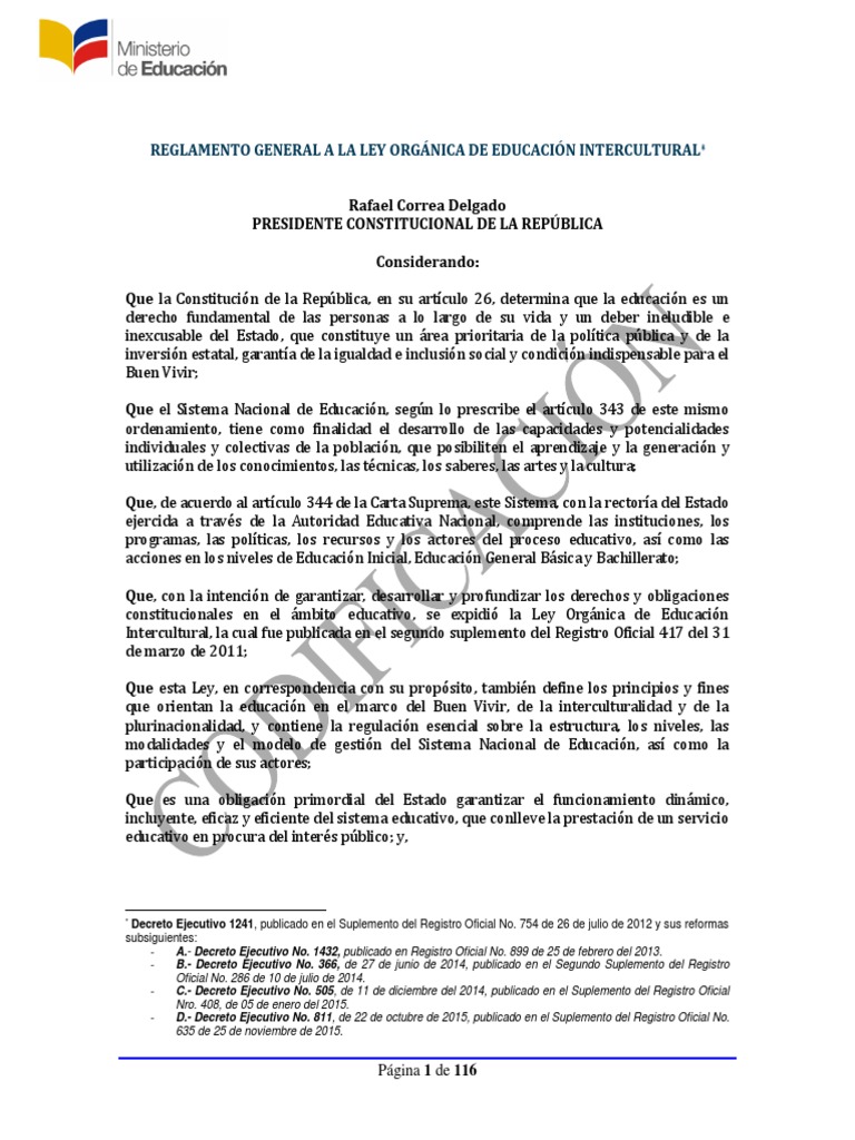 Reglamento General A La Ley OrgAnica de Educacion Intercultural PDF ...