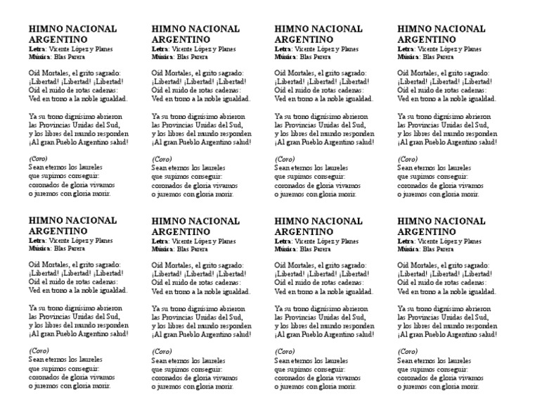 Himno Nacional Argentino (8 Copias en Una Hoja A4) | PDF | Himnos ...