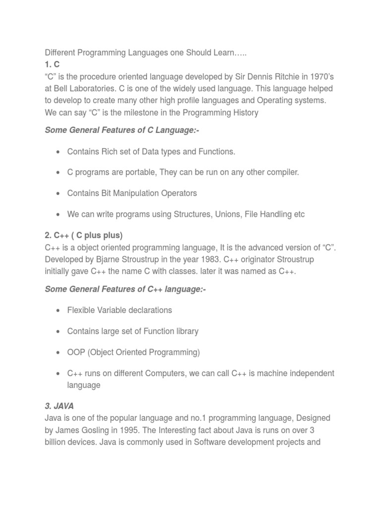 Different Programming Languages One Should Learn | PDF | C++ | Java Script