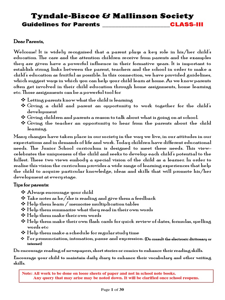 258Class-III (Guidelines For Parents) 2016-17 | PDF | Multiplication ...