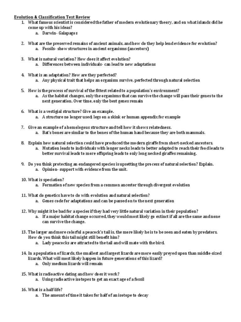 Evolution Test Review - Answers-2 PDF | PDF | Natural Selection | Evolution