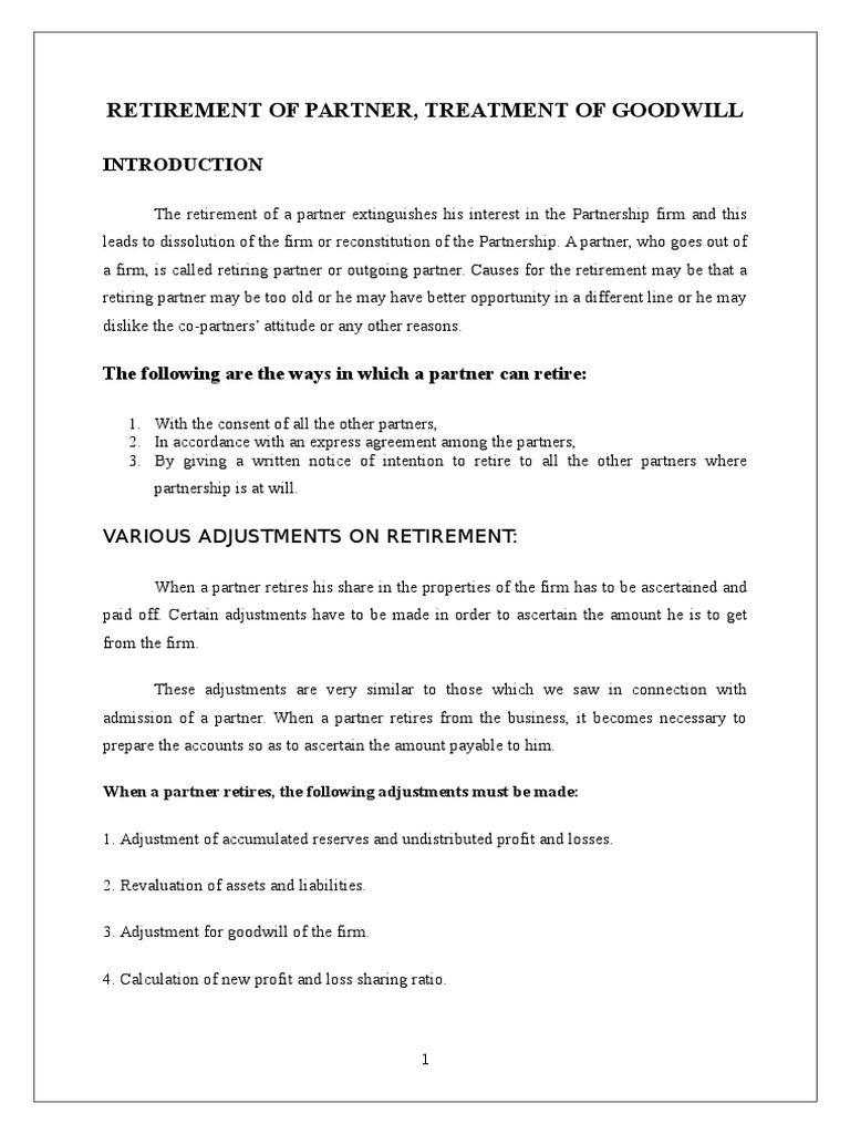 Retirement of Partner, Treatment of Goodwill Goodwill (Accounting