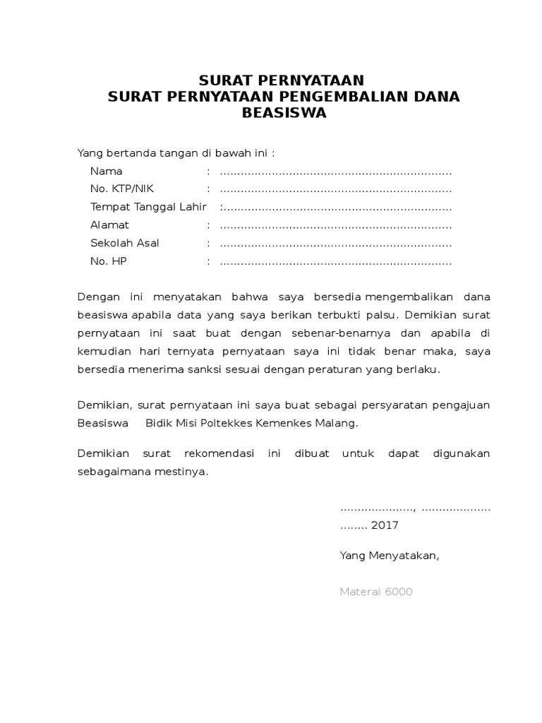 Contoh Surat Pernyataan Pengembalian Dana Kanal Jabar