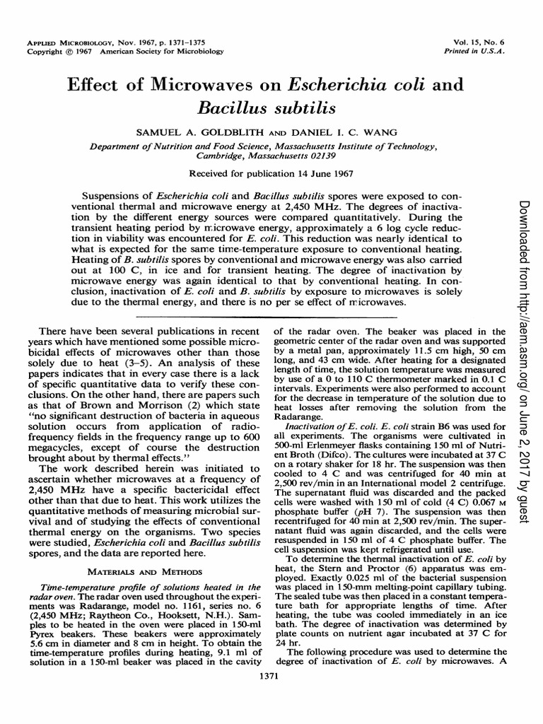Effect of Microwaves Escherichia and Bacillus Coli Subtilis PDF