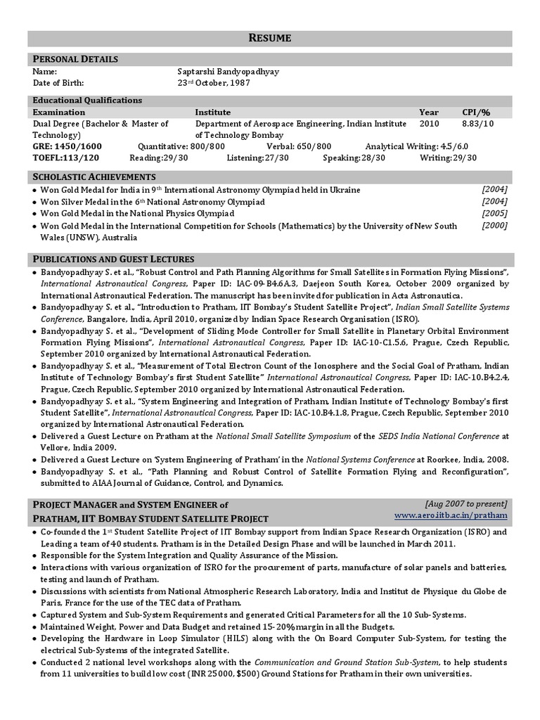 Aerospace Engineer Resume of Saptarshi Bandyopadhyay | PDF | Attitude ...