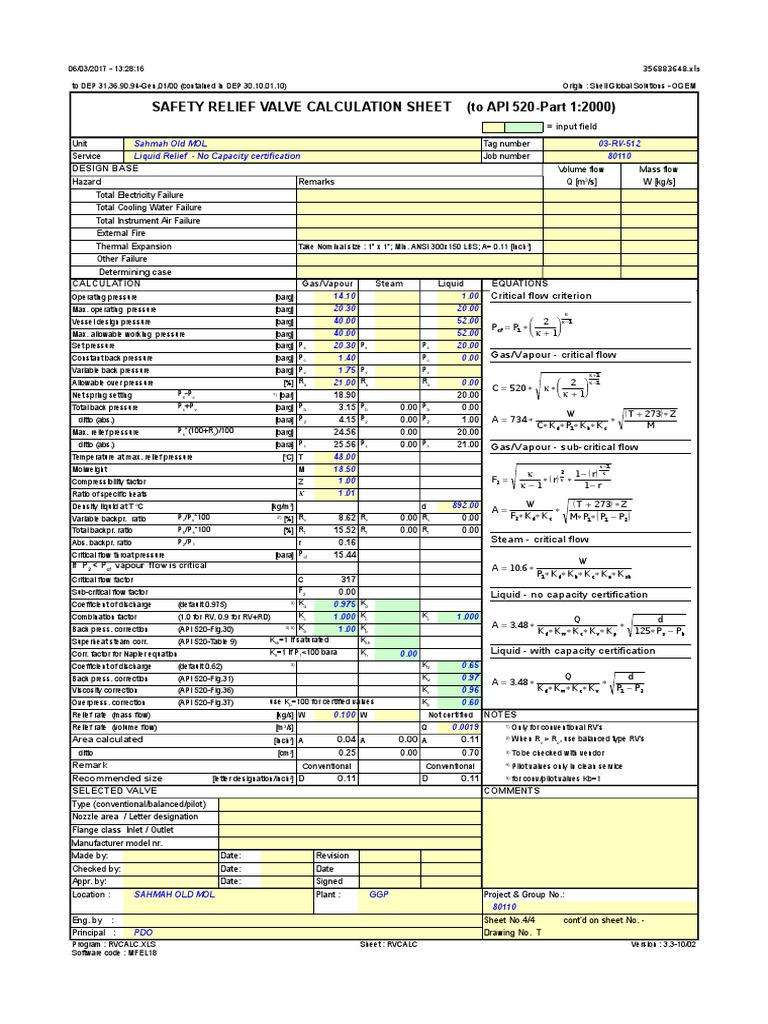 Relief Valve Calculations According With API 520 PDF Valve Pressure