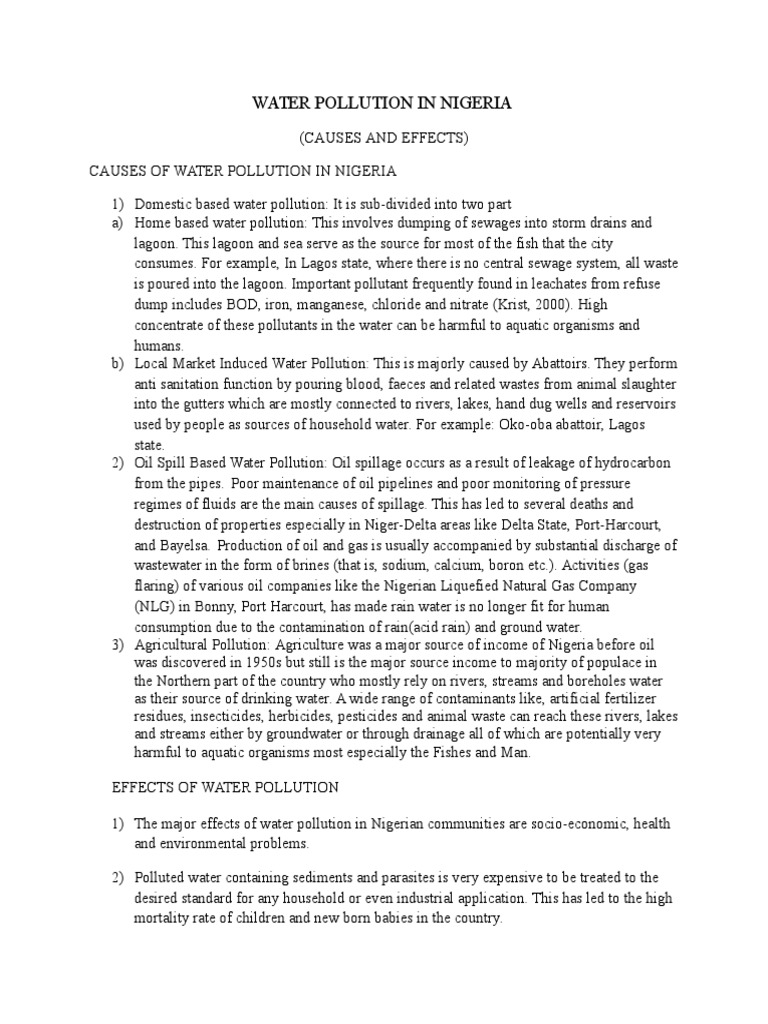 Causes and Effects of Water Pollution in Nigeria | PDF | Water ...