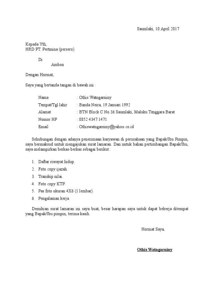 Download 97+ Contoh Surat Surat Lamaran Kerja Pertamina Terbaik Dan Terbaru
