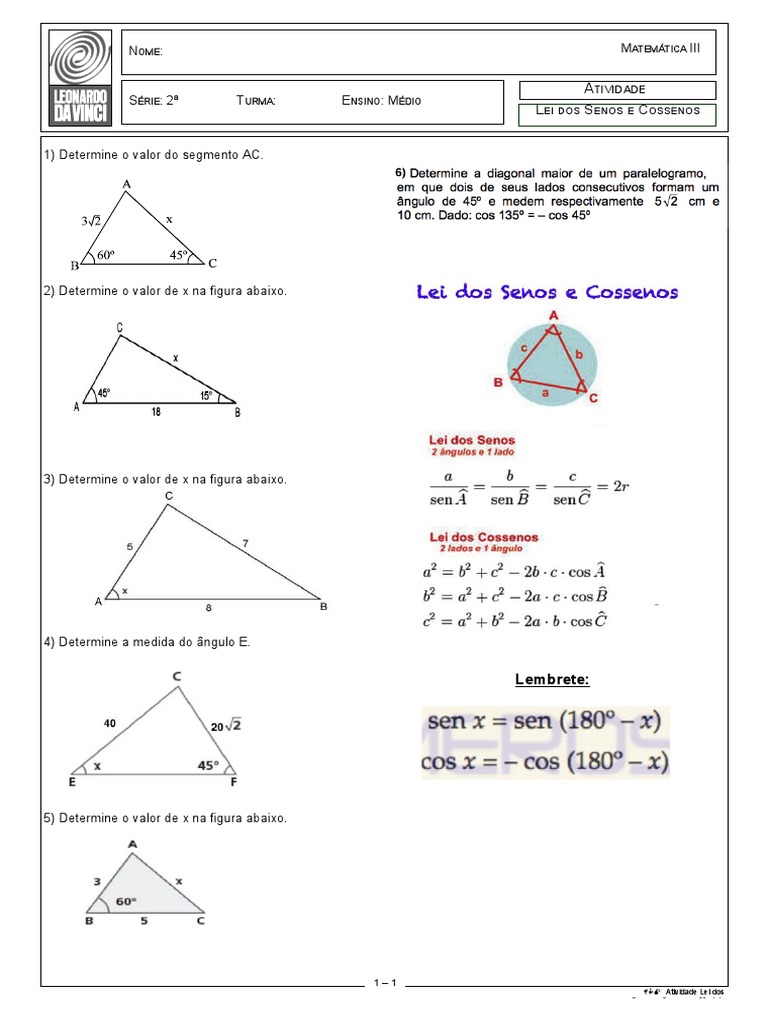 Lei Dos Senos E Cossenos Exercicios Com Gabarito