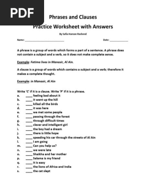 Phrases And Clauses Practice Worksheet