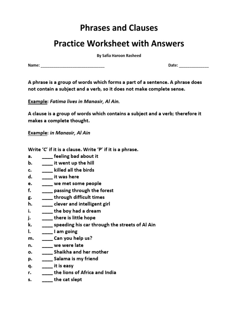 Phrases And Clauses Practice Worksheet