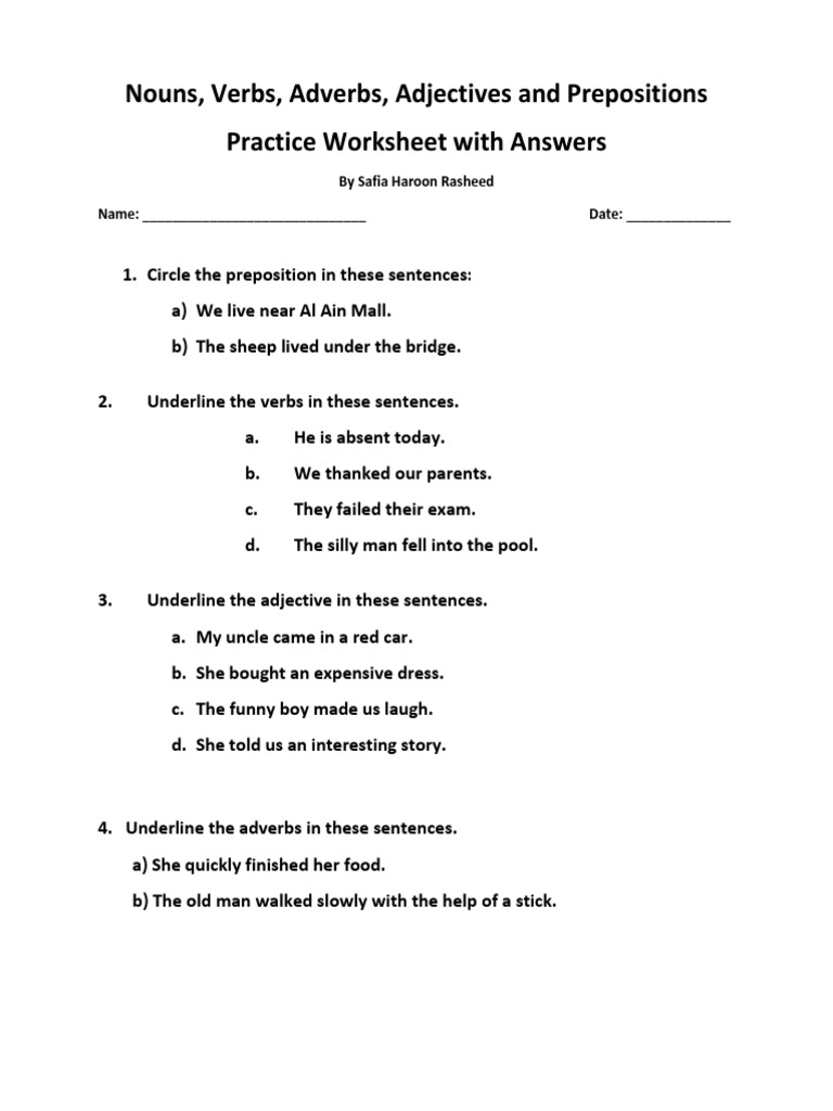 Nouns Verbs Adverbs Adjectives and Prepositions