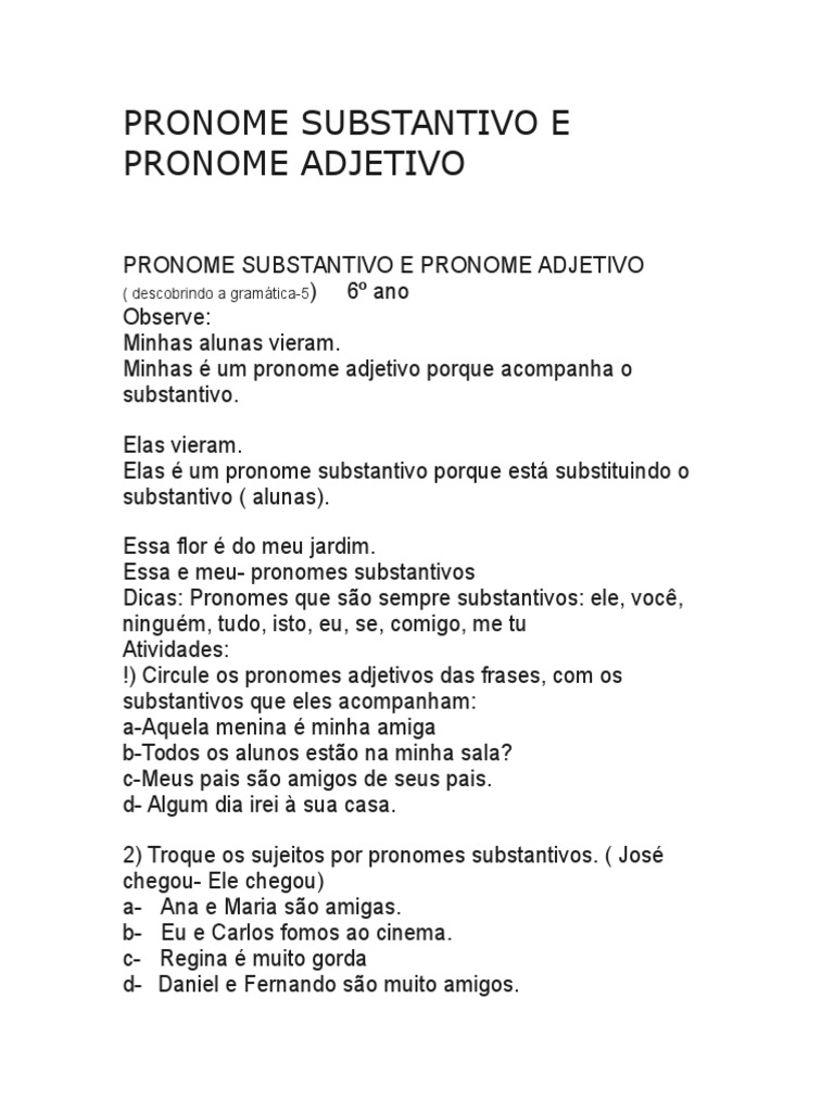 Pronomes Substantivos e Adjetivos: Atividades | PDF | Poesia