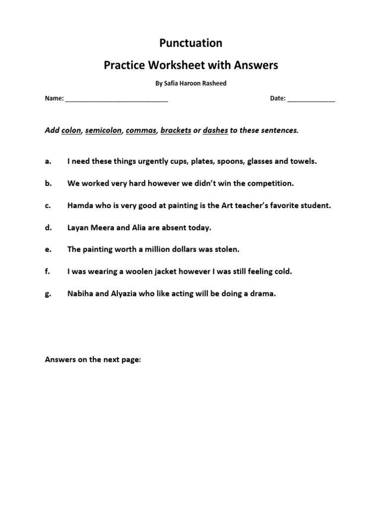 Punctuation Practice Worksheet with Answers: Add colon, semicolon