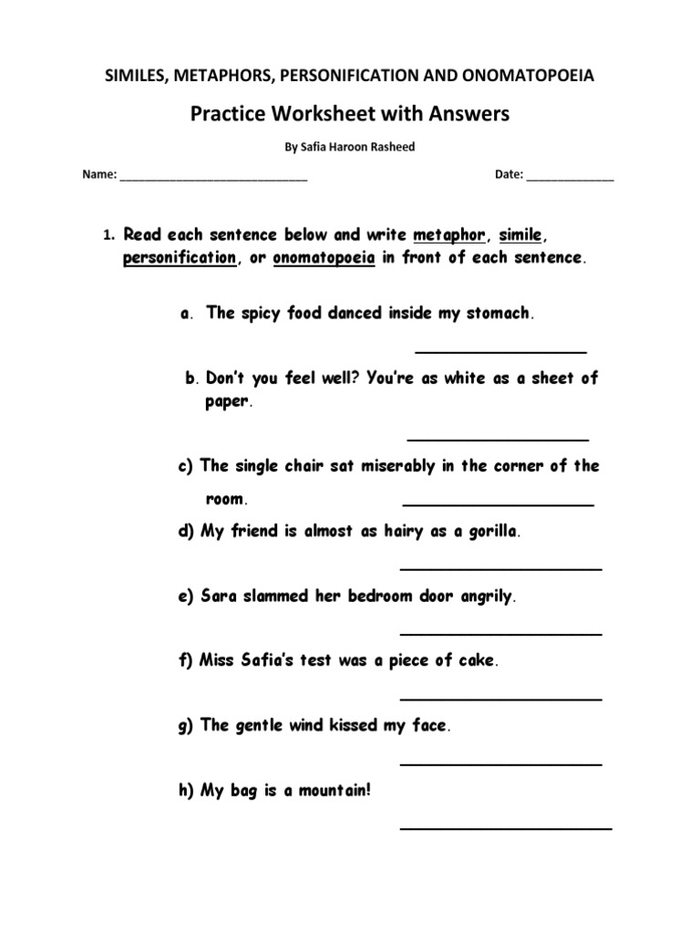 worksheet Simile And Metaphor Worksheets simile metaphor personication onomatopoeia