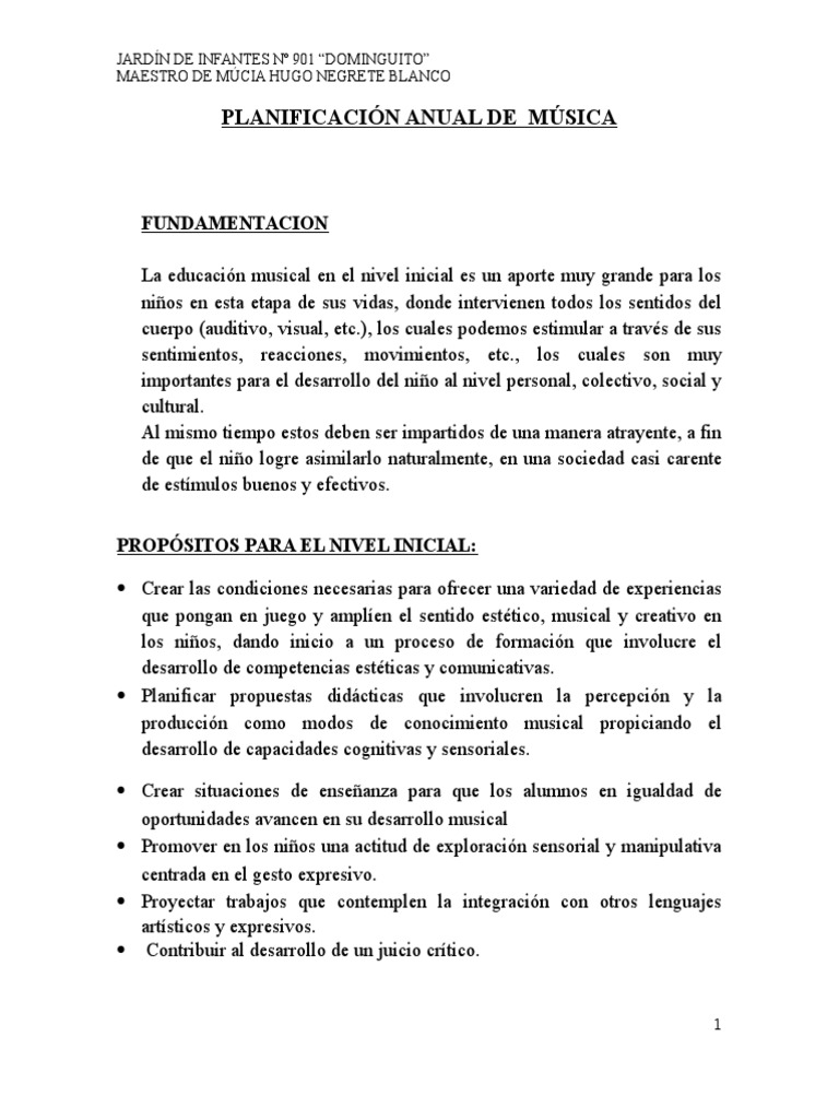 Planificacion Anual De Musica Dominguito Jardin De Infancia Sonido