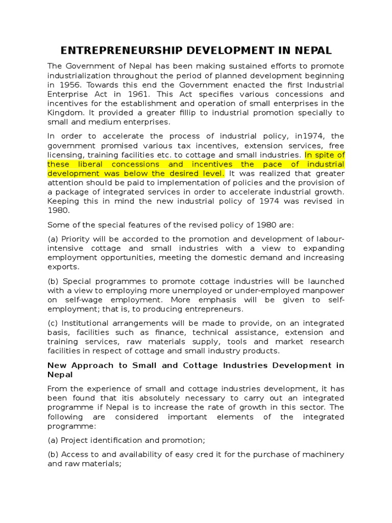 Entrepreneurship Development In Nepal Pdf Economic Development