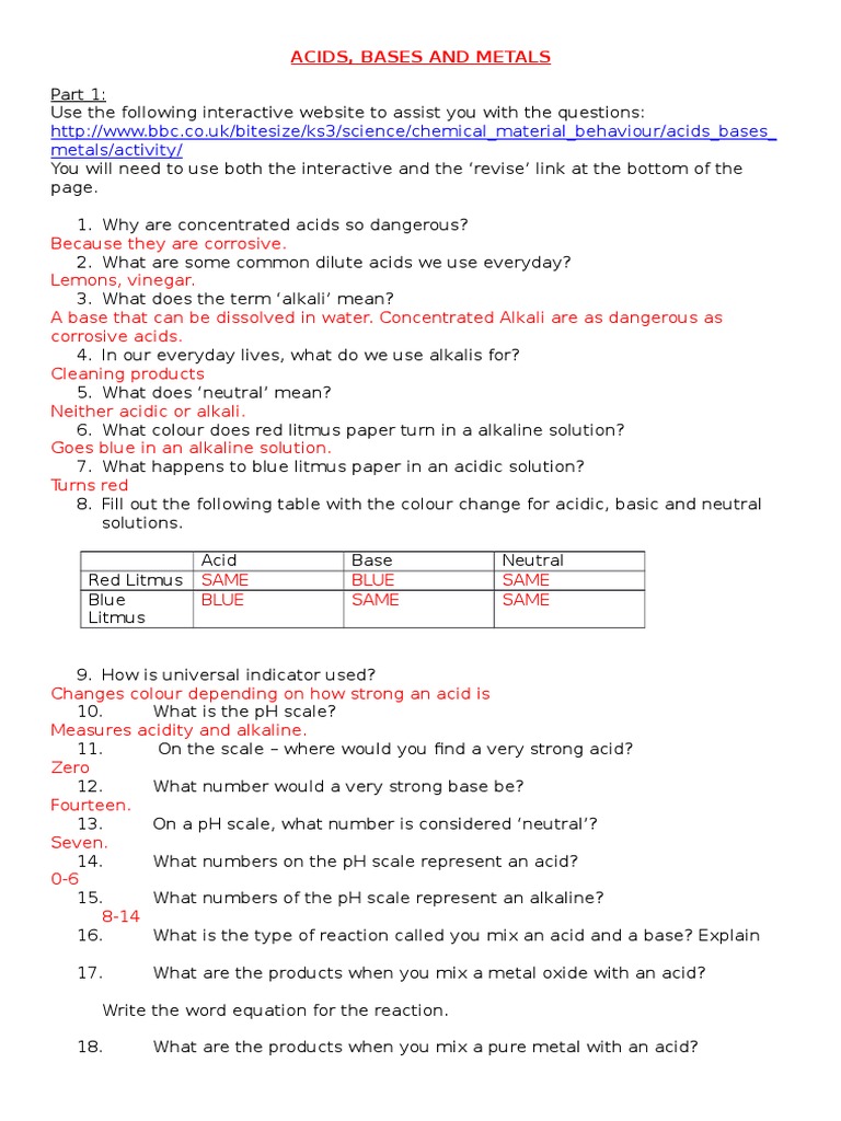 Introduction To Acids Bases Worksheet Answer Key