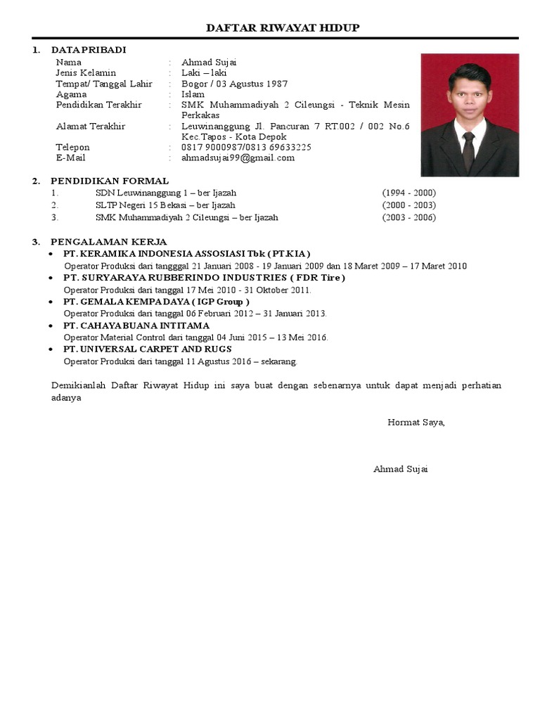Contoh Daftar Riwayat Hidup Operator Produksi Home Design Studio