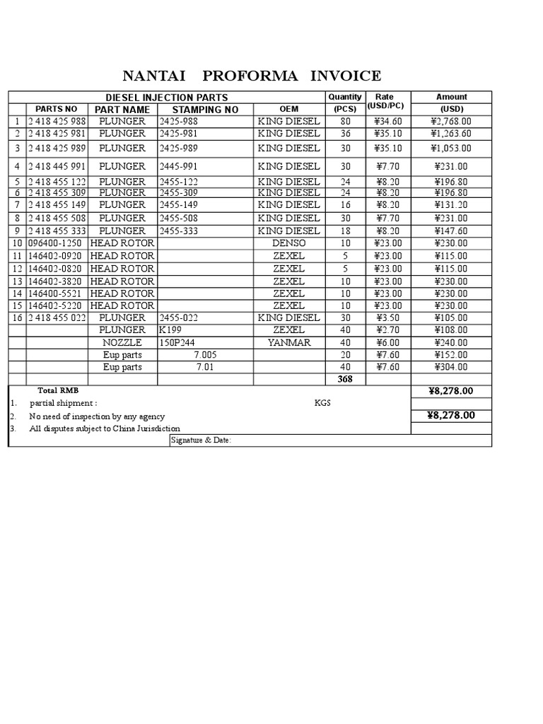 Diesel Injection Parts Proforma Invoice | PDF | Renminbi | Financial ...